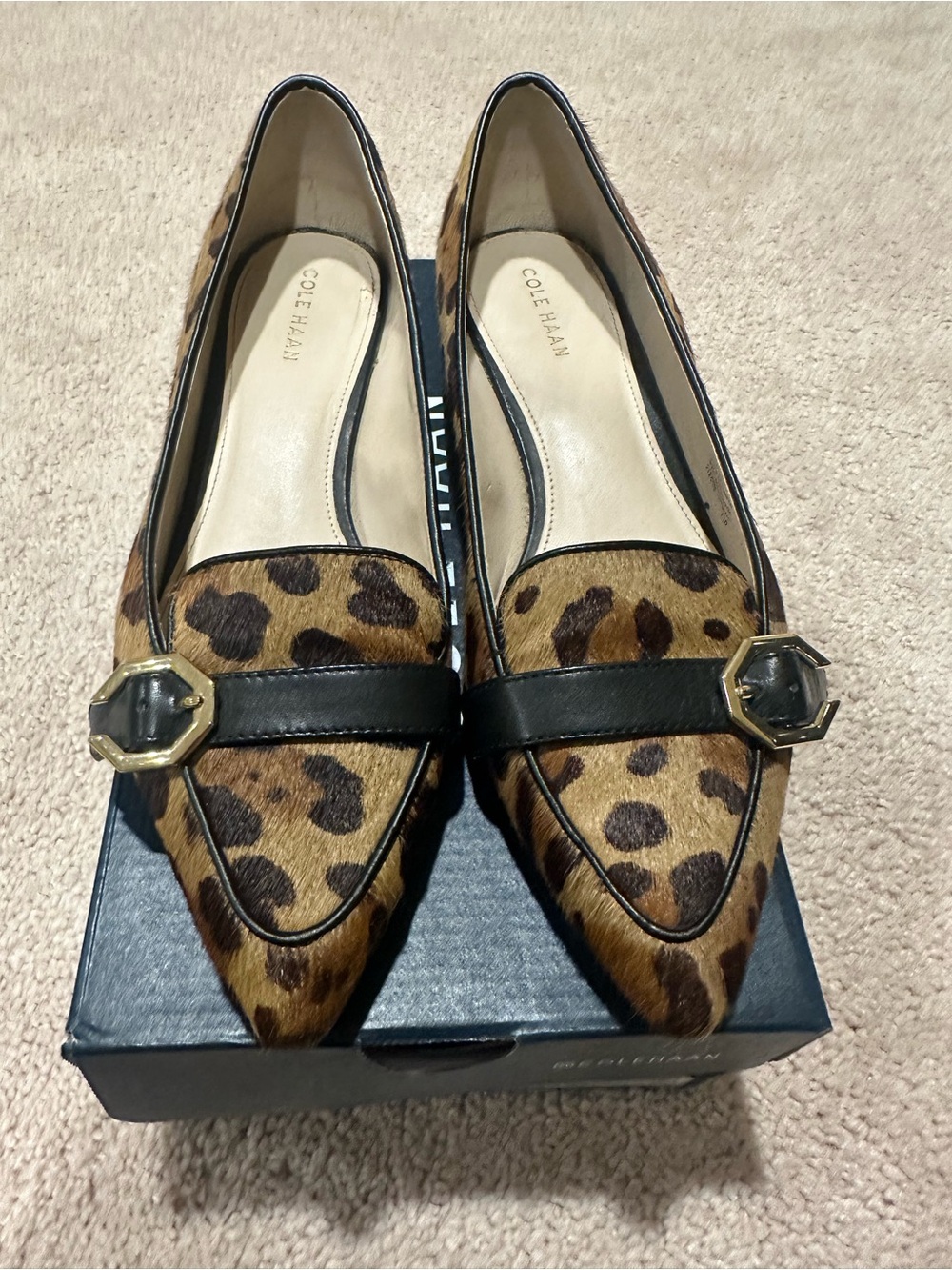 Cole Haan Leopard-Print Pointed-Toe Flats with Gold Accent, Size 7